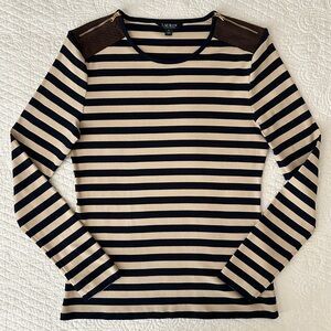 Lauren Ralph Lauren Navy Blue Tan Striped Long Sleeve Shirt Tee Nautical